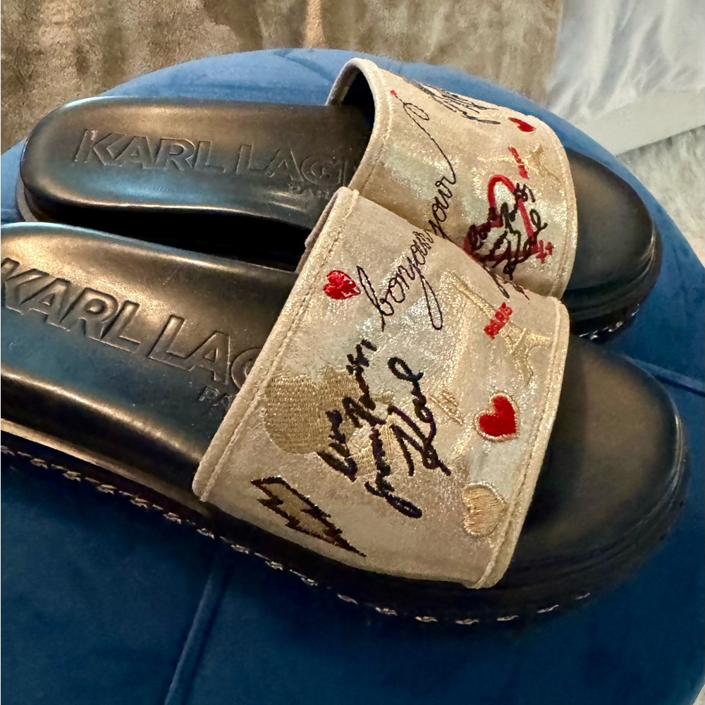 Karl Lagerfeld Black and Cream Embroidered Slide Sandals